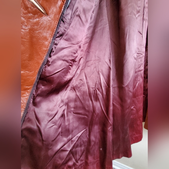 Vintage Cognac Genuine leather jacket fitted long double breasted, w self belt - Picture 12 of 16